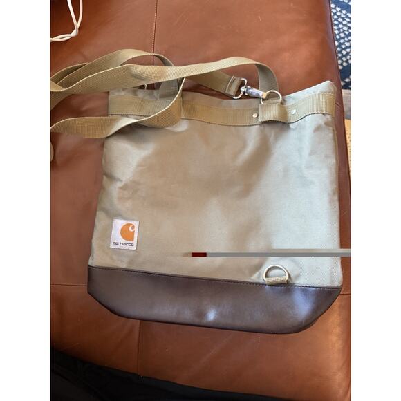 Carhartt Green Khaki Canvas Tote Bag Brown Base Zip Top Convertible Strap Pocket - Picture 1 of 4